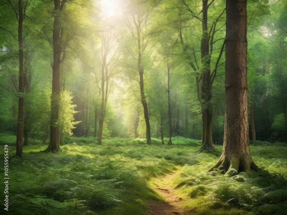 Fototapeta premium Sunlight in a green forest. Forest sunbeam. Ray of sunlight in forest green. Mossy forest sunbeam