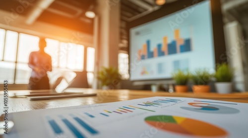 Wallpaper Mural marketing consultant giving a presentation in a bright and spacious office, with charts displayed on a projector screen and natural light illuminating the room Torontodigital.ca