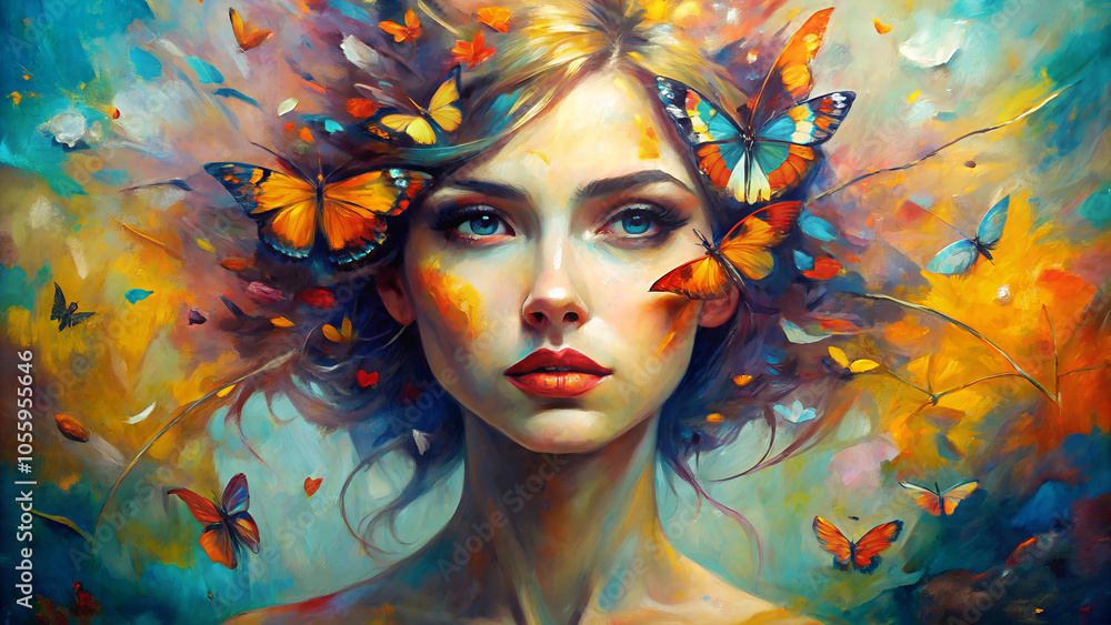 Beautiful young woman with butterflies in her hair, oil painting and palette knife on canvas, conceptual abstract portrait of a girl with butterflies Beautiful young woman with butterflies in her hair, oil painting and palette knife on canvas, conceptual abstract portrait of a girl with butterflies