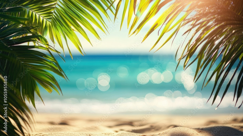 Sunlight glimmers on tropical sand and turquoise sea, with blurred palm leaves framing the scene in a dreamy summer setting. Sunlight glimmers on tropical sand and turquoise sea, with blurred palm leaves framing the scene in a dreamy summer setting.