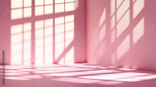 Soft pink interior with window shadows, creating a serene atmosphere.