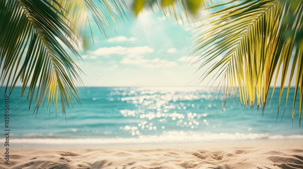 Sunlight glimmers on tropical sand and turquoise sea, with blurred palm leaves framing the scene in a dreamy summer setting. Sunlight glimmers on tropical sand and turquoise sea, with blurred palm leaves framing the scene in a dreamy summer setting.