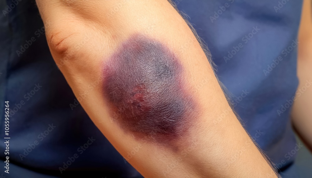 Fototapeta premium Close-up of a bruised arm showing various shades of purple and red due to an injury, isolated on a plain background.