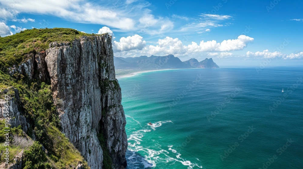 A high cliff plunging into a turquoise sea, with the coastline stretching out in the distance. A high cliff plunging into a turquoise sea, with the coastline stretching out in the distance.