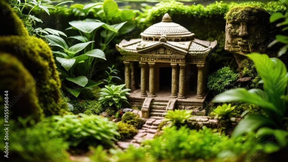 A detailed terrarium landscape featuring an ancient temple model nestled among vibrant green plants and moss, evoking a mystical forest ambiance. A detailed terrarium landscape featuring an ancient temple model nestled among vibrant green plants and moss, evoking a mystical forest ambiance.