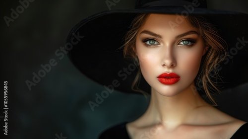 Gorgeous young girl in a black hat on a black background. Portrait of a glamorous girl in a black hat. Fashion, beauty