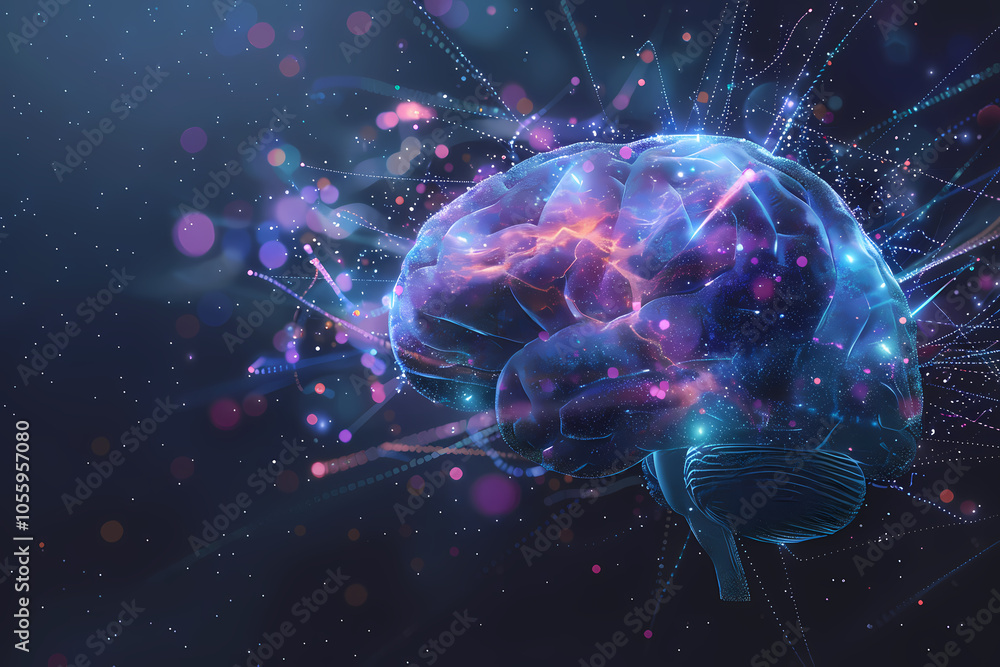 A vibrant and colorful digital representation of a human brain, emanating energy and light in a cosmic setting. A vibrant and colorful digital representation of a human brain, emanating energy and light in a cosmic setting.