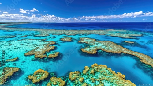 Vibrant coral reef and clear waters surrounding the Great Barrier Reef, Australia, with colorful marine life visible