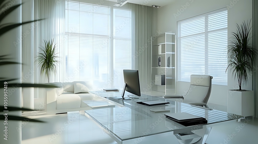 Glass study table in a modern office with minimalist decor, bright lighting, and a focus on simplicity and functionality Glass study table in a modern office with minimalist decor, bright lighting, and a focus on simplicity and functionality