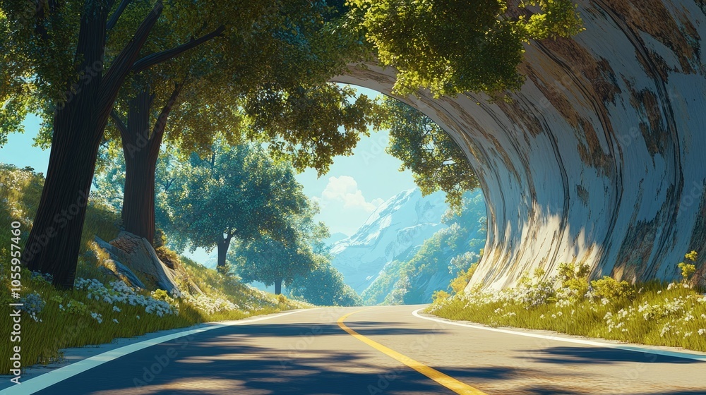 The pathway flanked by lush trees opens into a long tunnel, creating an intriguing juxtaposition of light and shadow. The pathway flanked by lush trees opens into a long tunnel, creating an intriguing juxtaposition of light and shadow.