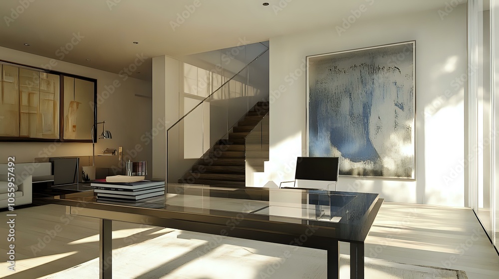 Glass-topped study table in a bright, open space with natural light, modern art, and sleek furnishings, creating a stylish study environment Glass-topped study table in a bright, open space with natural light, modern art, and sleek furnishings, creating a stylish study environment
