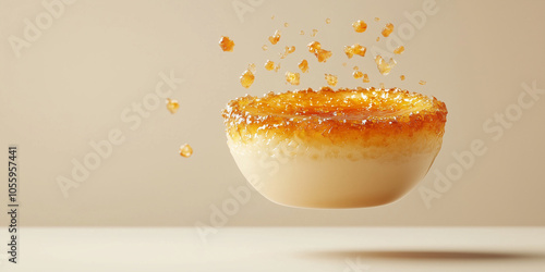 Flying creme brulee in the air against plain background
