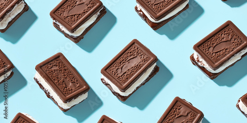 a whole view of multiple ice cream sandwich on blue background, view from above, editorial photography