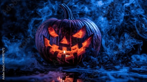 A Glowing Jack-O-Lantern With a Menacing Smile Surrounded by Blue Smoke