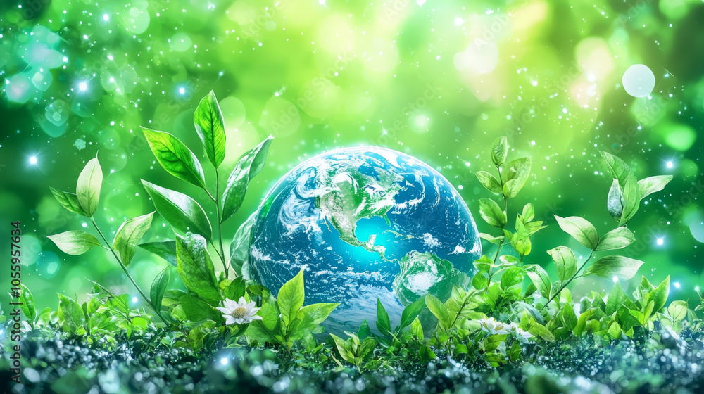 Earth globe surrounded by lush green plants and sparkling light, symbolizing nature and environmental awareness. vibrant representation of our planet beauty Earth globe surrounded by lush green plants and sparkling light, symbolizing nature and environmental awareness. vibrant representation of our planet beauty
