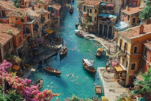 A detailed DnD battlemap depicting a villa in the Floating Flotilla, featuring waterways, colorful flowers, and lively marketplaces with boats along the piers.

