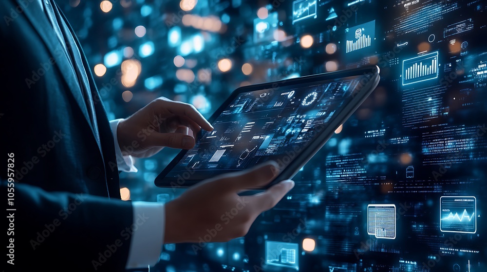 A businessman uses a tablet to control digital ipad A businessman uses a tablet to control digital ipad