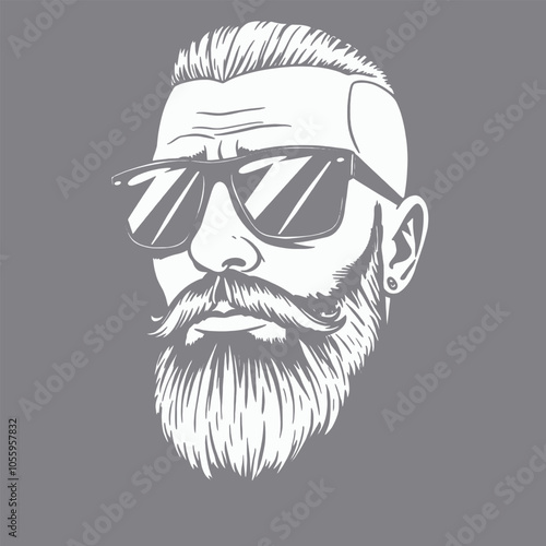 a black and white illustration of a man's face. The man has a beard and mustache, and is wearing sunglasses. His hair is styled in a high fade,