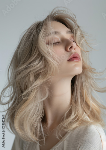 Japanese woman side profile prone 20 years old ash-beige hair in stylish beauty salon