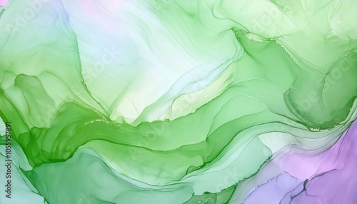 Abstract watercolor texture with flowing green and lavender tones, perfect for backgrounds and designs.