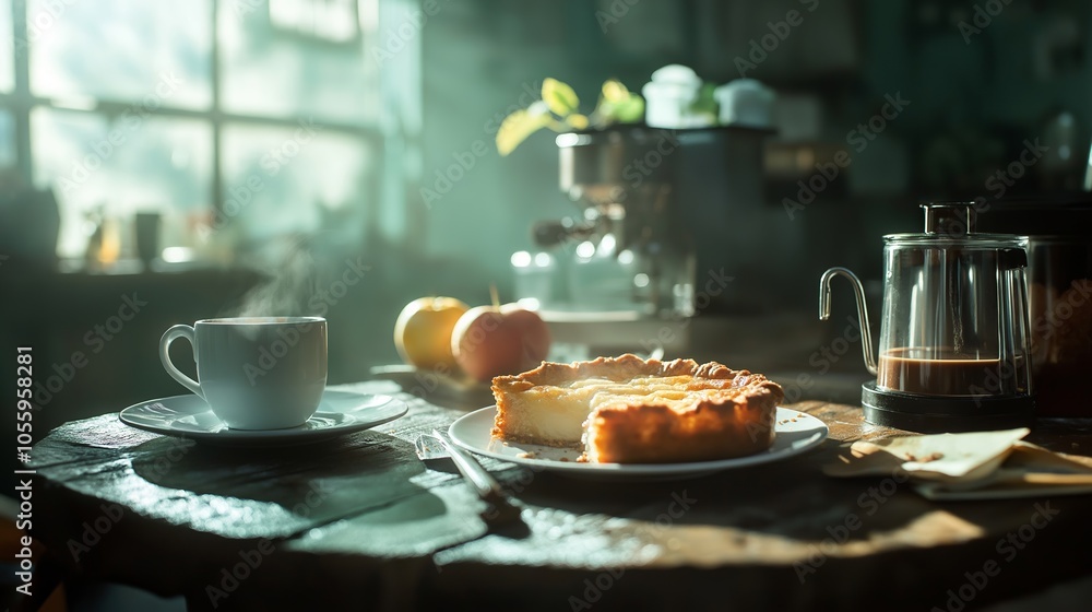 apple pie and cup of coffee with decor. Stylish food photo in dark tones. apple pie and cup of coffee with decor. Stylish food photo in dark tones.