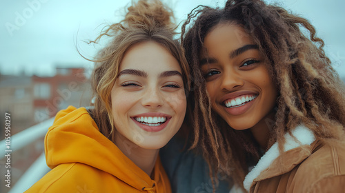 close-up of two young women smiling warmly at the camera, with a blurred urban background. They exude friendship and happiness on a cloudy day. two young women 