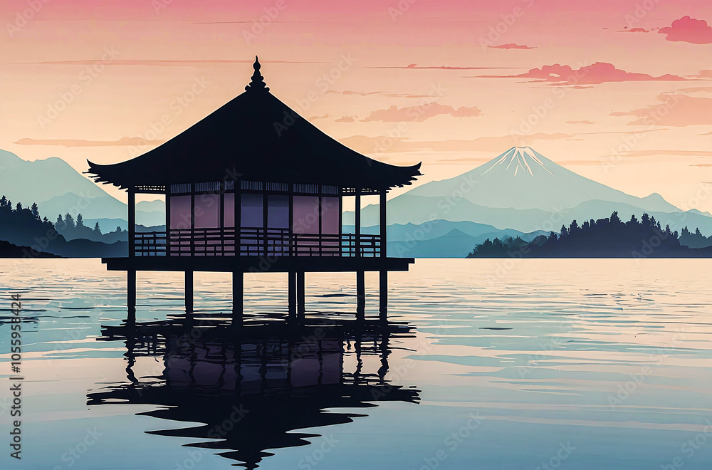 Silhouette of Japanese Tea House on a Lake watercolor vector painting art illustration
Silhouette of Japanese Tea House on a Lake watercolor vector painting art illustration