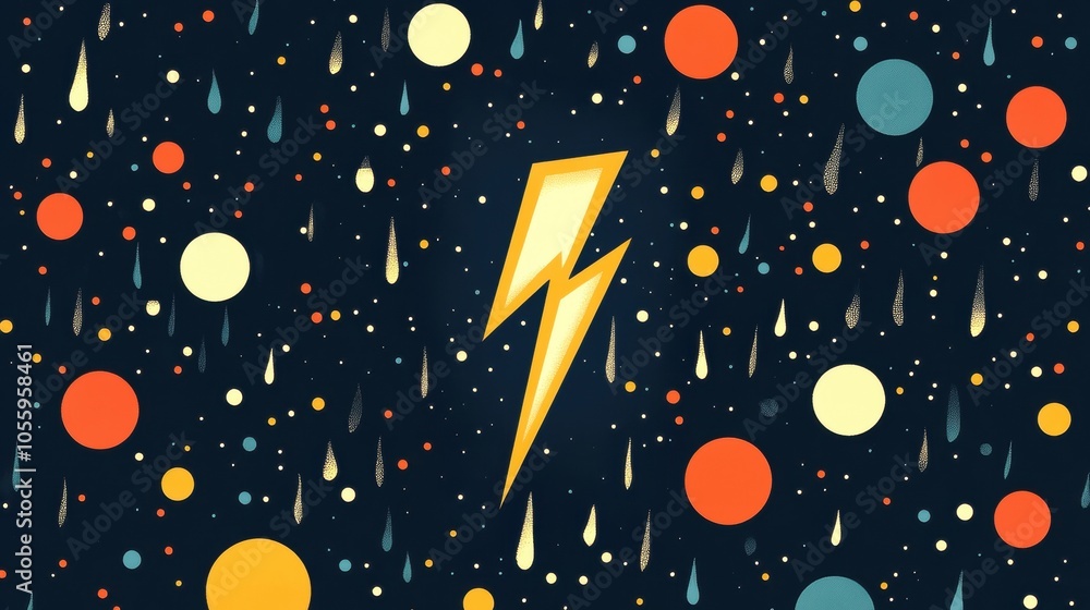 Colorful abstract pattern with lightning, circles, and raindrop elements on dark background. Colorful abstract pattern with lightning, circles, and raindrop elements on dark background.