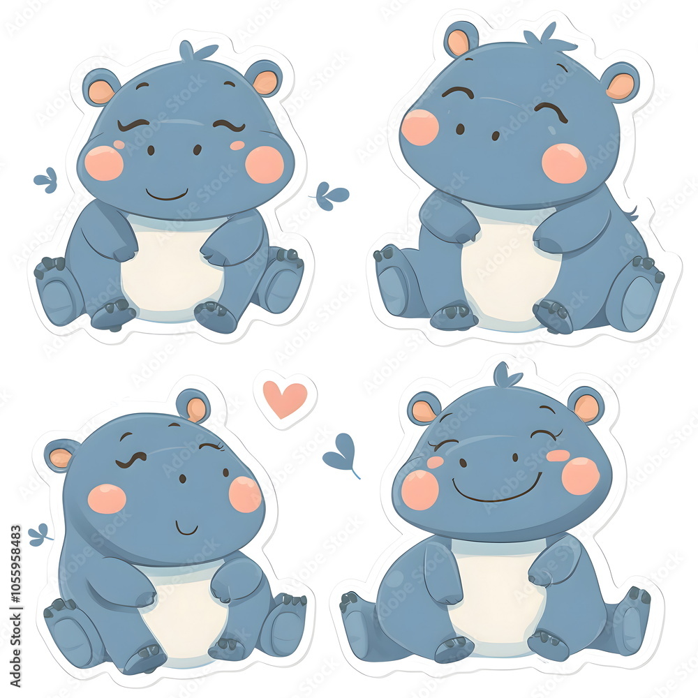 Cute Cartoon Baby Hippos with Flowers Cute Cartoon Baby Hippos with Flowers
