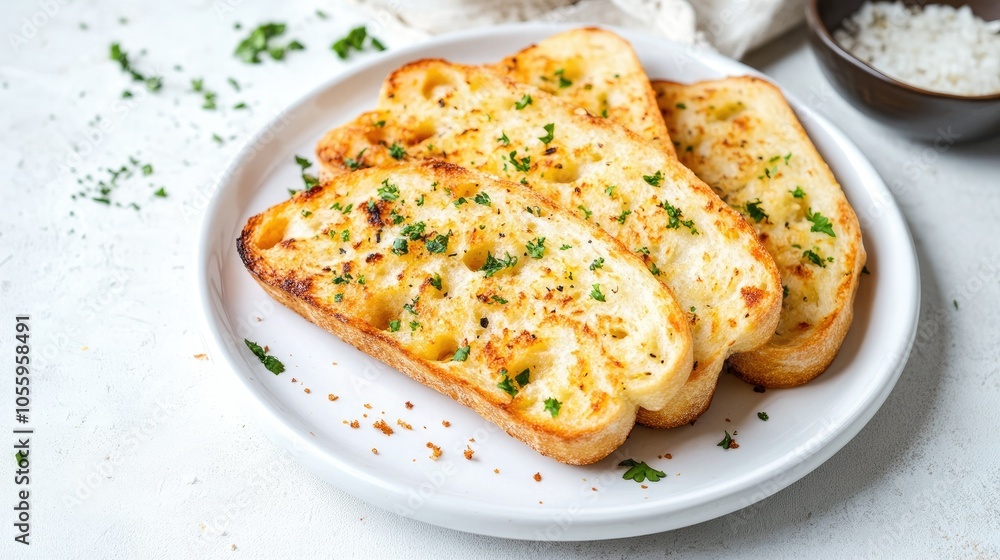Traditional roti bawang putih (garlic bread) served on a white plate, with copy space for culinary content. Traditional roti bawang putih (garlic bread) served on a white plate, with copy space for culinary content.