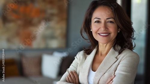 Free Download A stunning elderly Hispanic businesswoman smiles at the camera while crossing her arms. European or Latinized, self-assured, mature, attractive, middle-aged female businesswoman with at office - GFXLoad