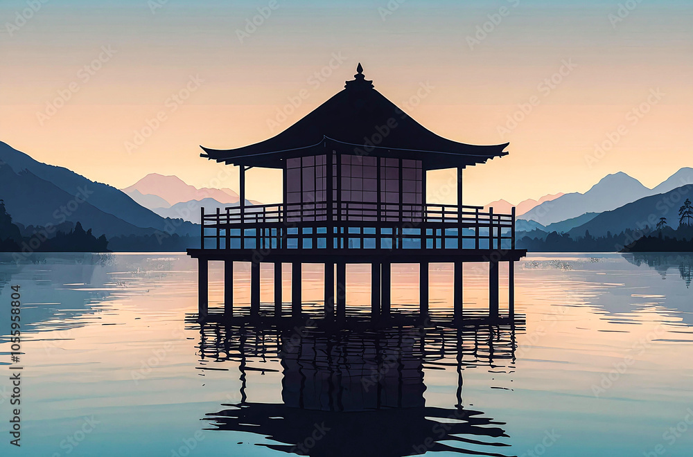 Silhouette of Japanese Tea House on a Lake watercolor vector painting art illustration
Silhouette of Japanese Tea House on a Lake watercolor vector painting art illustration