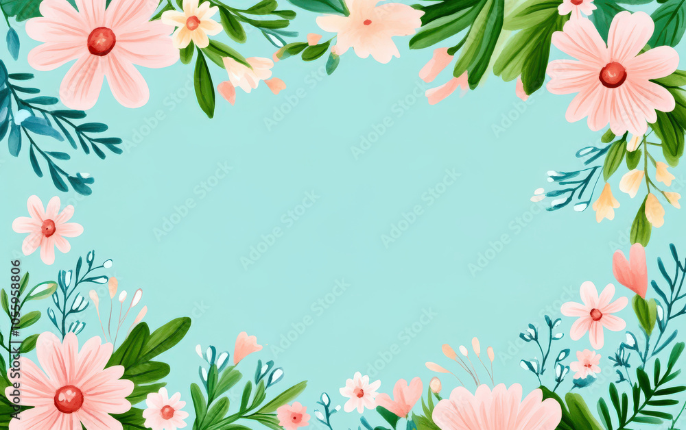 A floral border featuring pink flowers and green leaves on a light blue background, creating a decorative frame. A floral border featuring pink flowers and green leaves on a light blue background, creating a decorative frame.