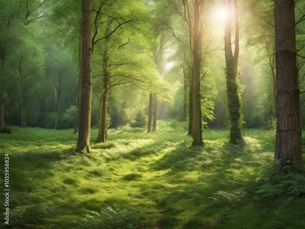Fototapeta premium Sunlight in a green forest. Forest sunbeam. Ray of sunlight in forest green. Mossy forest sunbeam