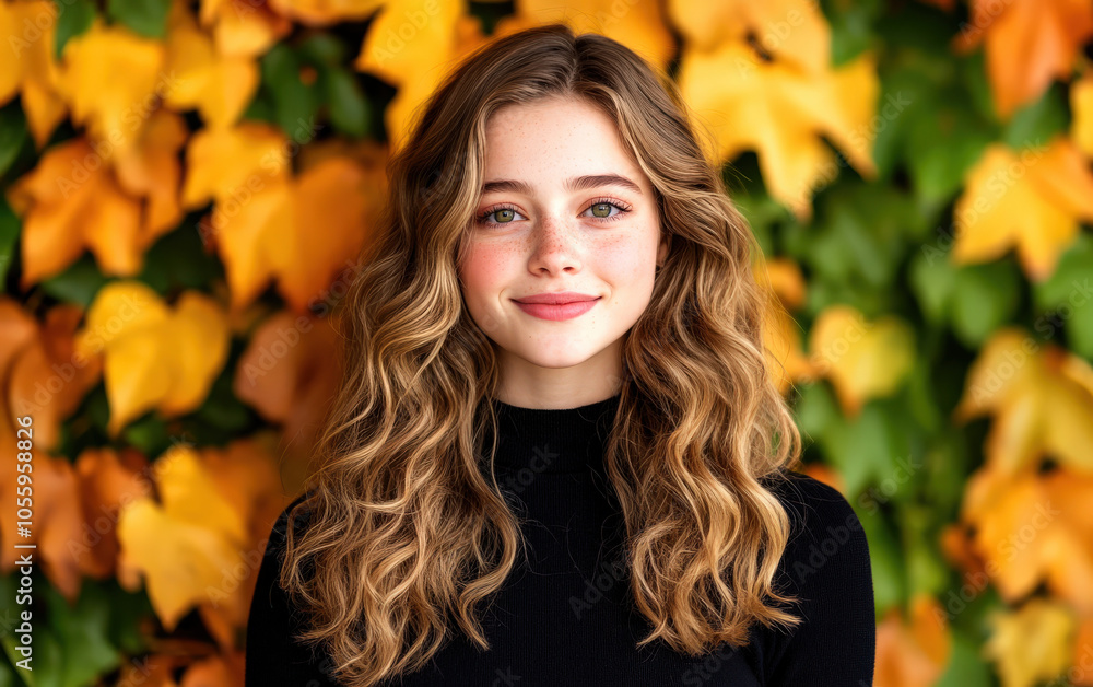 A young woman with wavy hair smiles warmly against a vibrant background of autumn leaves in shades of orange and green. A young woman with wavy hair smiles warmly against a vibrant background of autumn leaves in shades of orange and green.