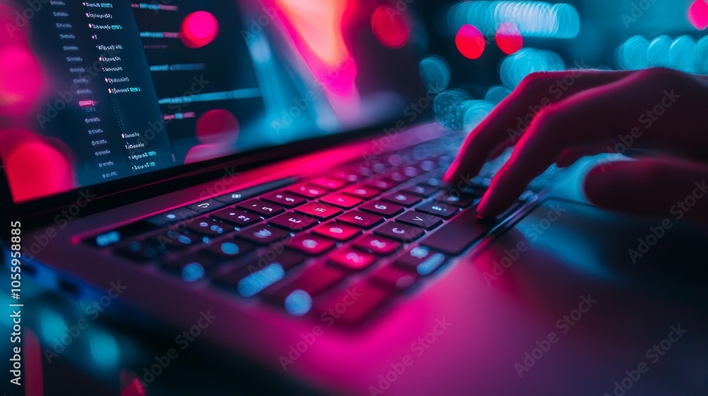 Hands typing on laptop with glowing neon keyboard in dark environment Hands typing on laptop with glowing neon keyboard in dark environment