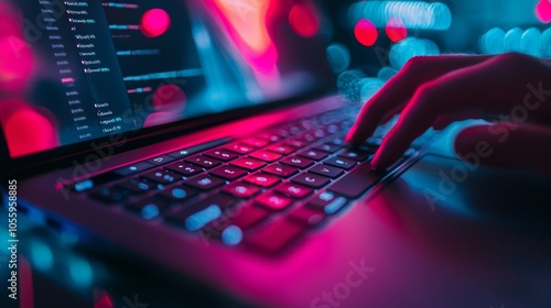 Hands typing on laptop with glowing neon keyboard in dark environment photo