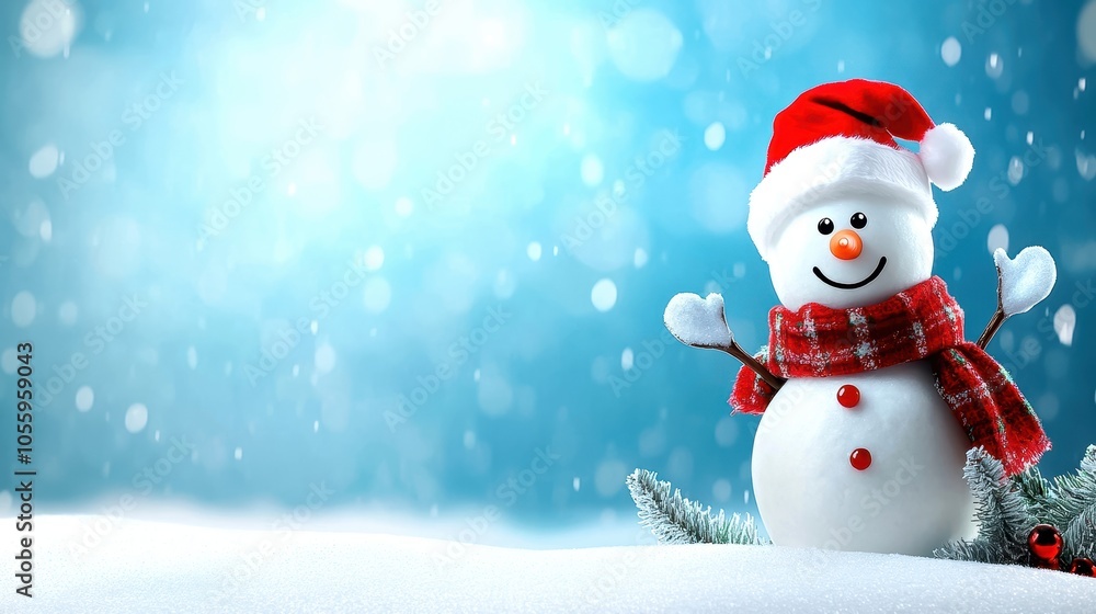 Cheerful snowman with a red hat and scarf in a snowy winter wonderland, bright blue background. Cheerful snowman with a red hat and scarf in a snowy winter wonderland, bright blue background.