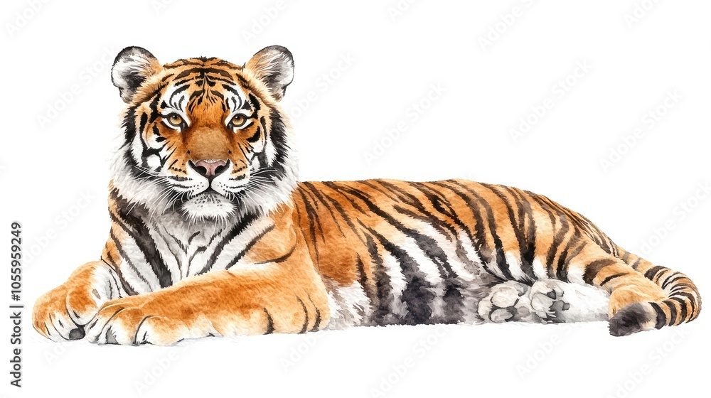 Obraz premium A majestic tiger lounging gracefully, showcasing its striking orange and black stripes.