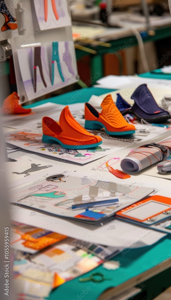 Fototapeta premium Creative Shoe Design Studio with Colorful Fabric Samples and Design Boards for Innovative Footwear Concepts