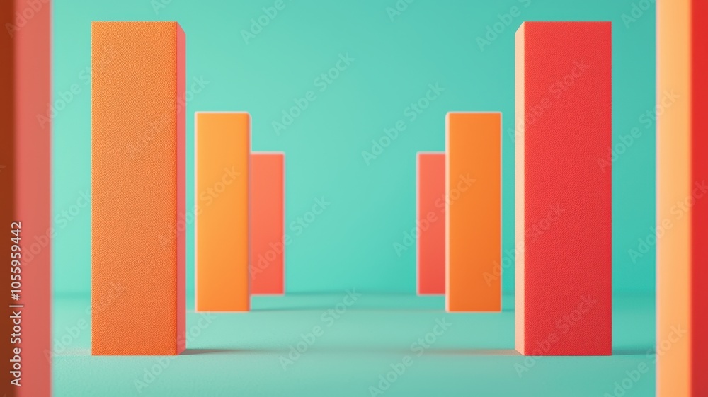A vibrant abstract scene featuring tall, colorful blocks arranged against a turquoise background. A vibrant abstract scene featuring tall, colorful blocks arranged against a turquoise background.