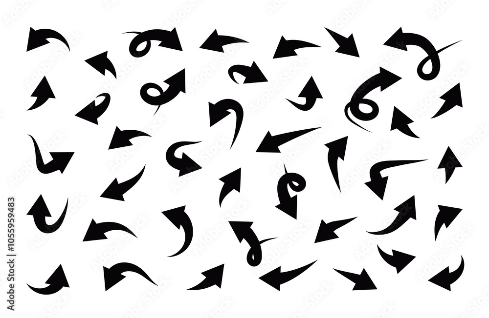 Black bold Arrows hand drawn set. Collection of doodle pointer in different directions. Isolated vector lines design. Black bold Arrows hand drawn set. Collection of doodle pointer in different directions. Isolated vector lines design.