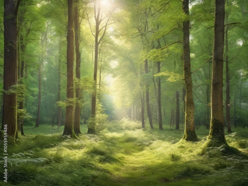 Obraz premium Sunlight in a green forest. Forest sunbeam. Ray of sunlight in forest green. Mossy forest sunbeam