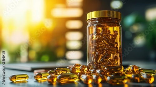 Amber-colored capsules in a jar against warm sunlight background photo