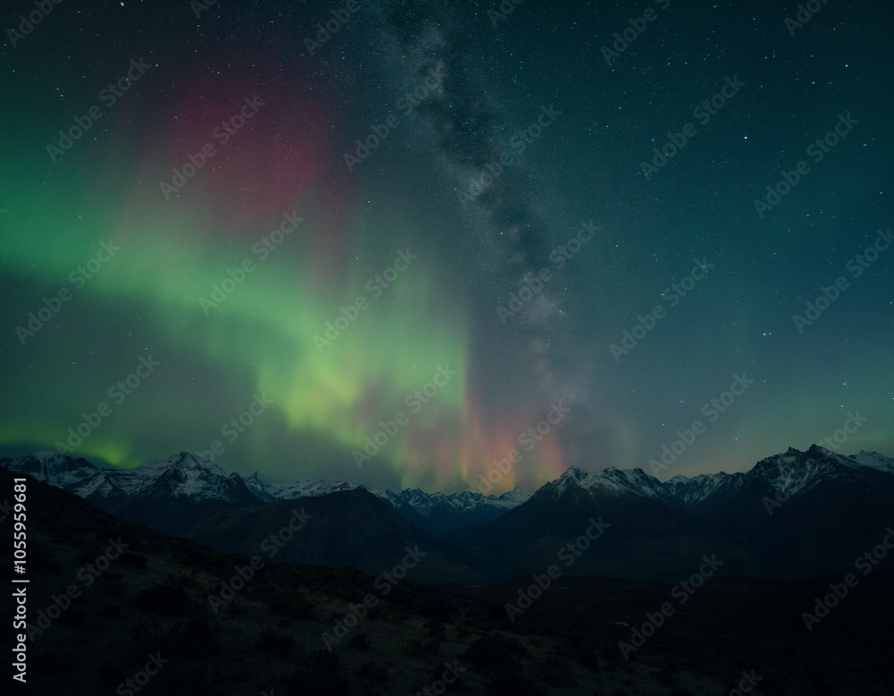 mountain landscape under a sky illuminated by green and red northern lights mountain landscape under a sky illuminated by green and red northern lights