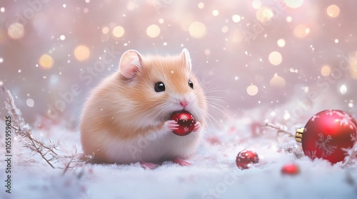 A hamster is holding a red ball in its mouth