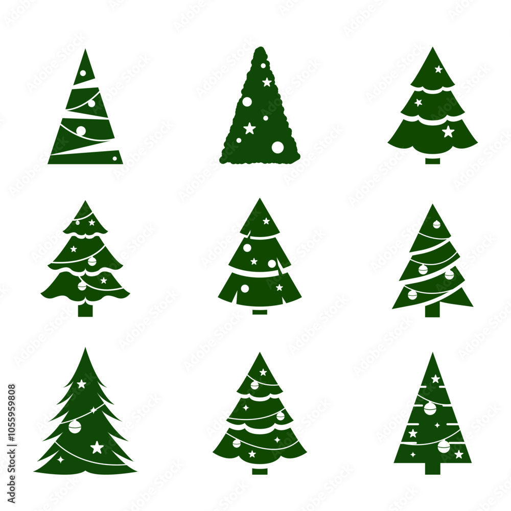 Green Christmas Trees vector illustration icon set, Isolate Christmas Decoration graphic elements, Celebration cut out clip art, Pine Tree for Banner and Patterns design Green Christmas Trees vector illustration icon set, Isolate Christmas Decoration graphic elements, Celebration cut out clip art, Pine Tree for Banner and Patterns design
