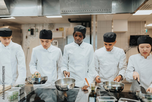 Male and female trainees with saucepans preparing food in culinary school photo