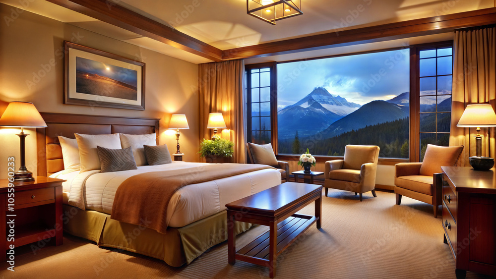 Cozy hotel room with a large bed, warm light and panoramic windows with mountain views, cozy bedroom Cozy hotel room with a large bed, warm light and panoramic windows with mountain views, cozy bedroom