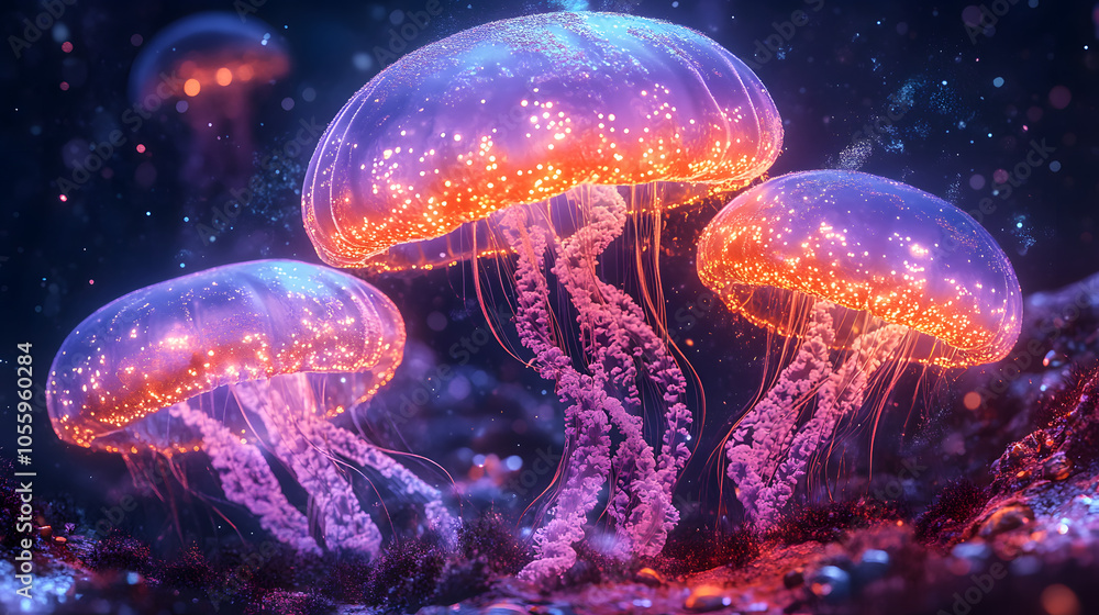 surreal, vibrant scene featuring glowing jellyfish floating in cosmic-like underwater environment, illuminated in hues of purple, pink, orange, blending marine life with fantasy. glowing jellyfish surreal, vibrant scene featuring glowing jellyfish floating in cosmic-like underwater environment, illuminated in hues of purple, pink, orange, blending marine life with fantasy. glowing jellyfish